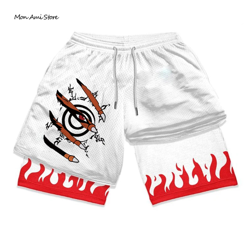 Men 2 In 1 Bilayer Quick Dry Anime Gym Shorts Workout Sports Shorts