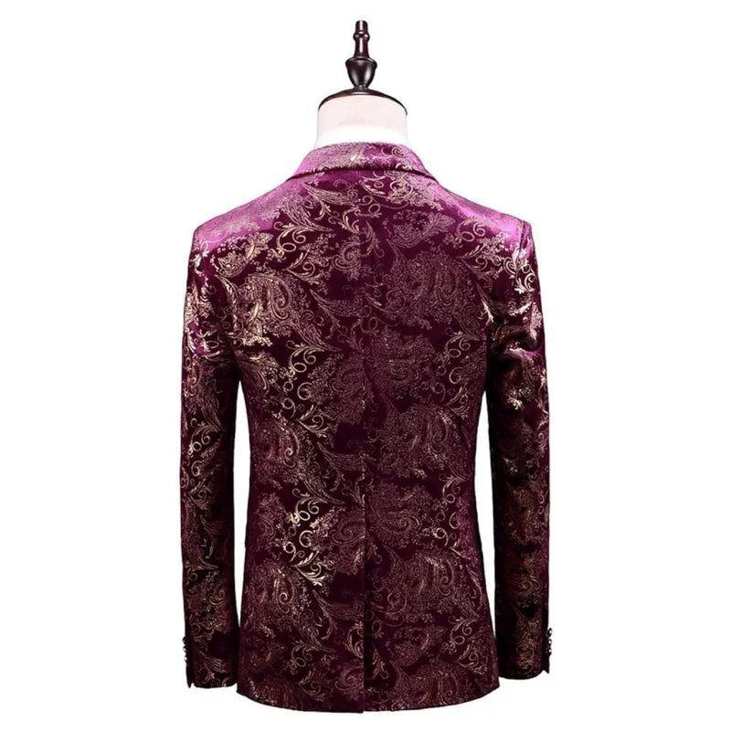 Men's 3-Piece Floral Tuxedo Suit | 2-Button Slim Fit Set (Jacket+Vest+Pants) for Themed Parties