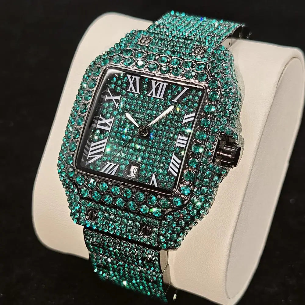 Ice Watch For Men Luxury Stainless Steel Quartz Timepiece Diamond Square Wristwatch