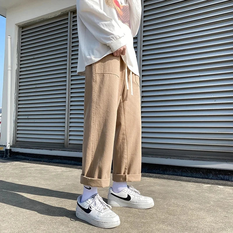 Beige/Khaki/Black Men Cotton Straight Streetwear Hip Hop Wide Leg Trousers