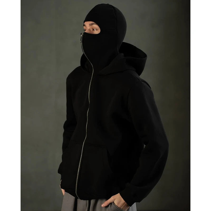 Men's Double Hat Mask Zipper Jacket Windproof Hoodie Outdoor Sweatshirt ﻿