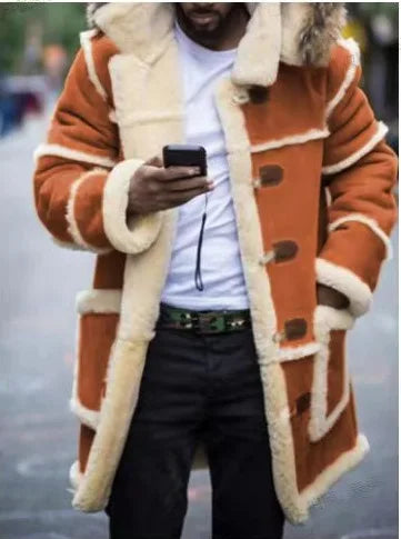 Men Loose Long Cotton-padded Jacket Integrated Lamb Wool Hooded Coats