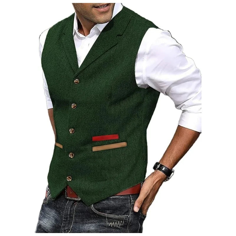 Men's Vintage Herringbone Tweed Vest - Wool Waistcoat Gilet| Custom Tailored Fit