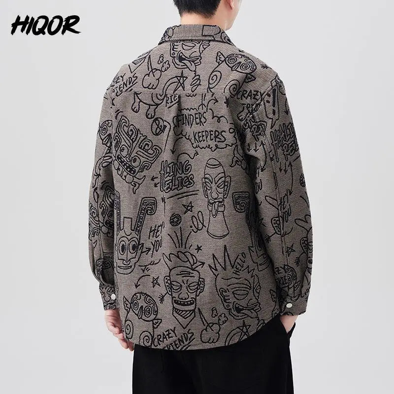 Men's Baggy Jacquard American Versatile Turn-down Collar Long Sleeve Trendy Coat