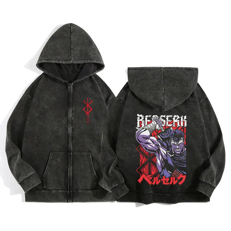 Berserk Wash Zip Up Retro Graphic Hooded Sweatshirt Cotton Unisex Hoodie