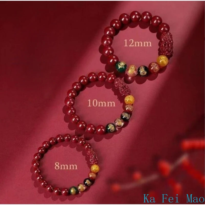 Red Cinnabar Pixiu Vintage Designer Beads Bangle Unisex Charm Carved Bracelet