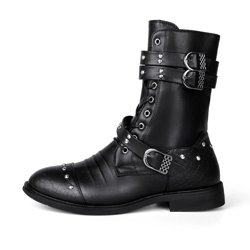 Men Leather Mid-calf Warm Black Gothic Belt Rivet Boots