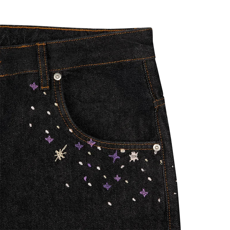Creative Volcano Starry Sky Pattern Embroidery Design Straight Leg Jeans Men Streetwear