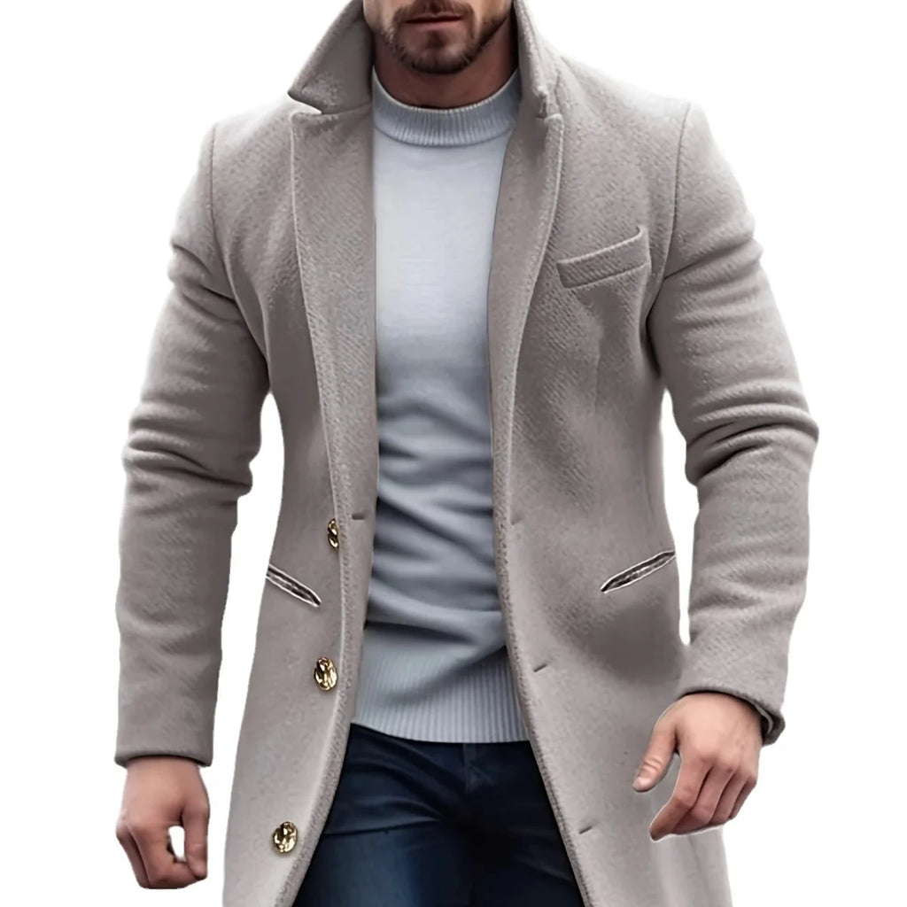 Men Elegant Woolen Jacket with Lapel Pockets Slim Solid Color Collar Trench Coat