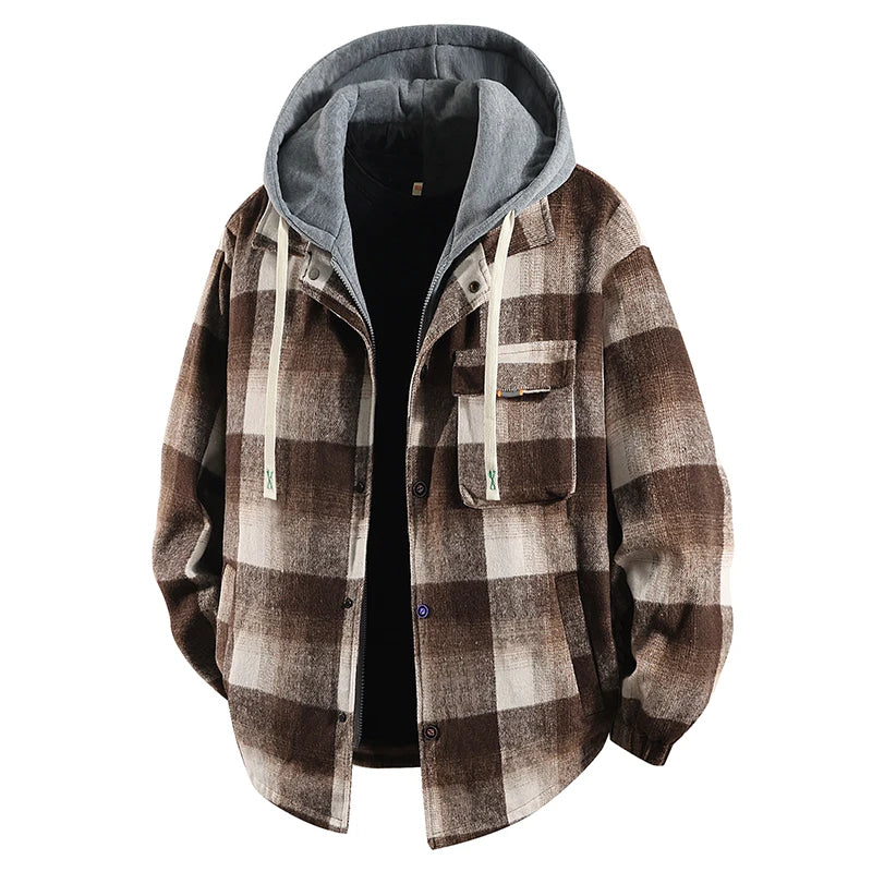 Plus Size Men's Fake 2pcs High Quality Cotton Plaid Loose Hooded Shirt Jackets