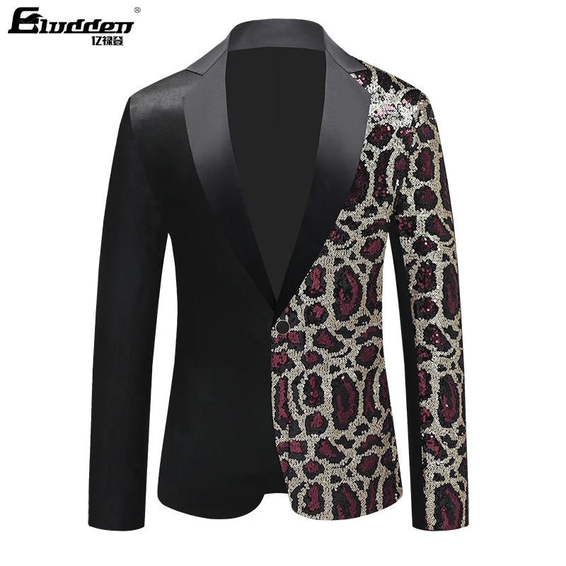 Single Breasted Leopard Sequins Jacket Men Blazer Men's Sequins Suit