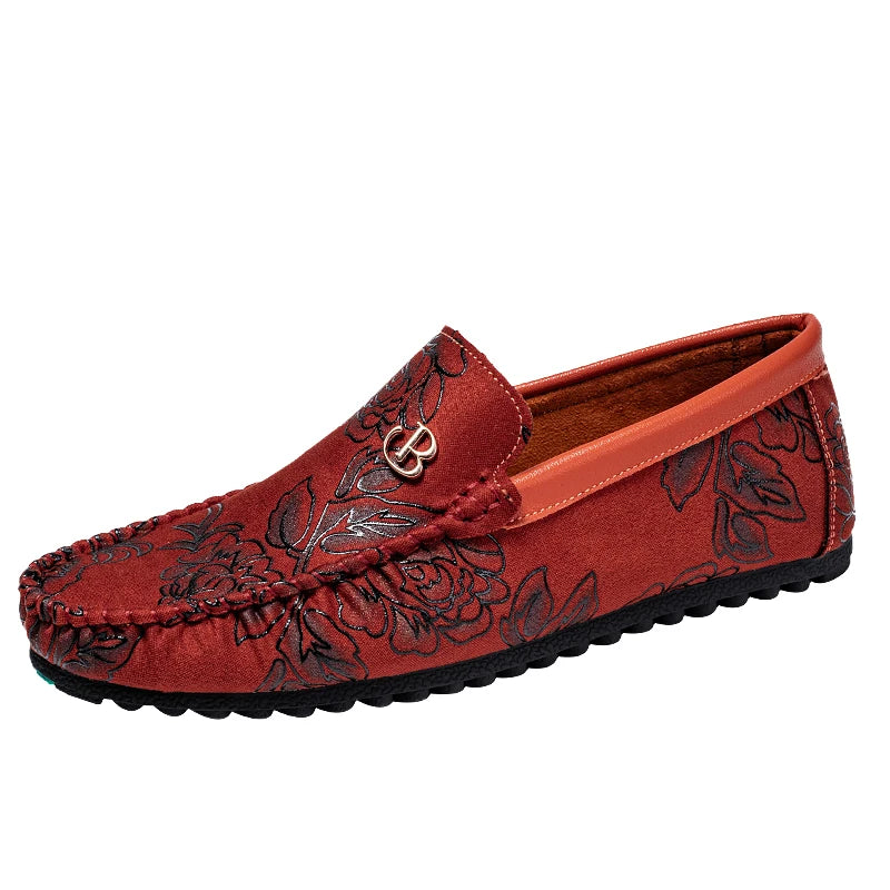 Rose Print Loafers Flats High Quality Suede Casual Shoes For Man