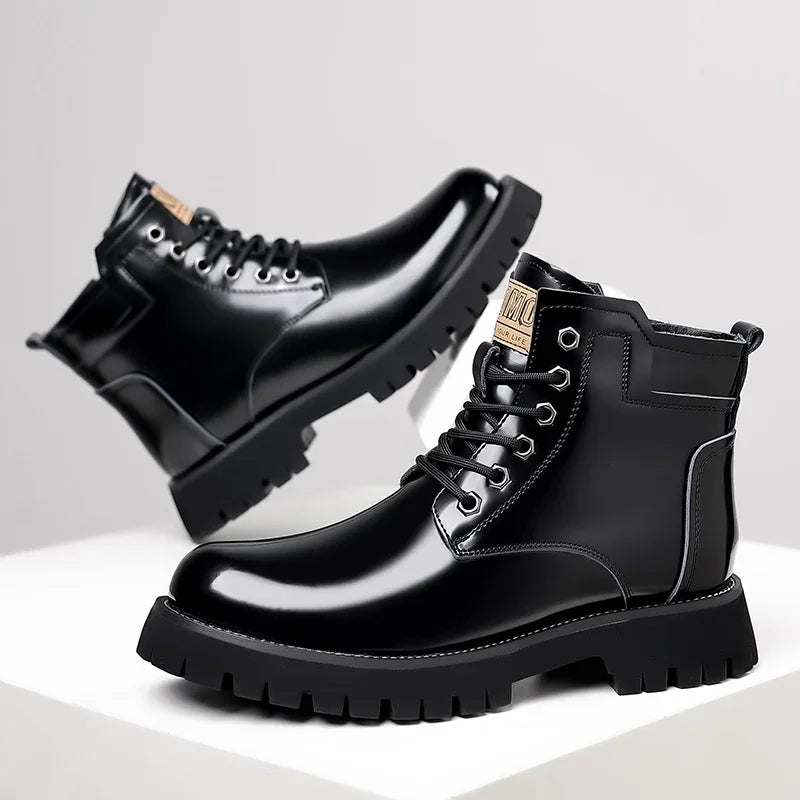 Shiny Genuine Leather Men's Platform A Men High-top Boots