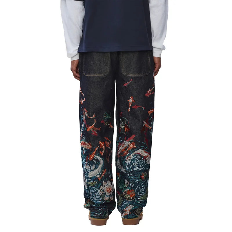 Loose Comfortable Jeans Vibrant Koi Fish Lotus Embroidery Chinese Wide Leg Jeans Men Streetwear