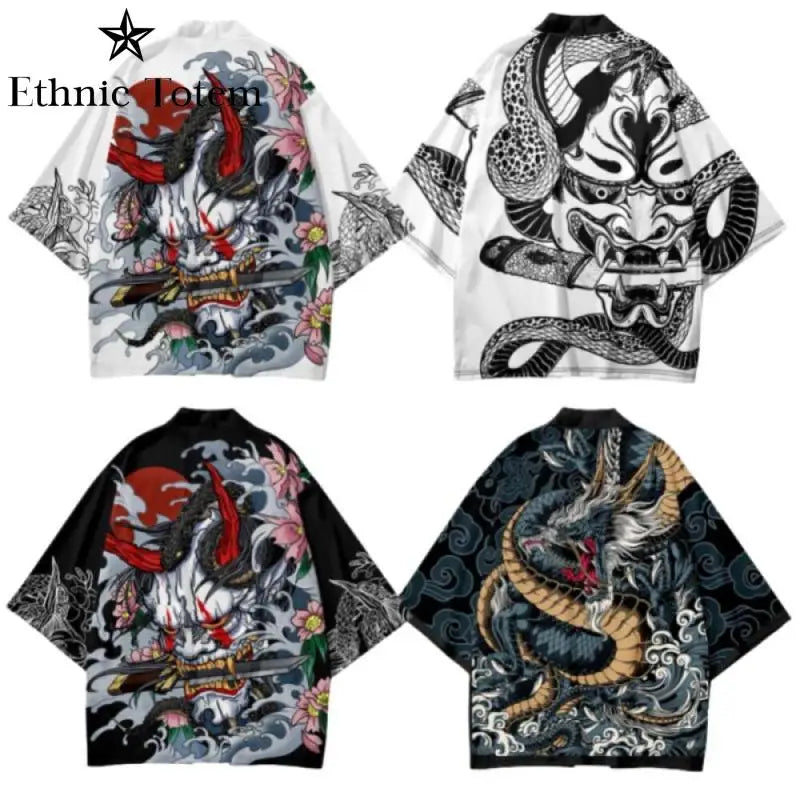 Men Demon Dragon Pattern Printed Kimono Cardigan Japanese Traditional Cloak