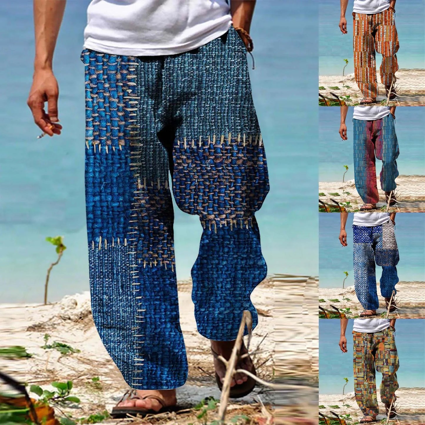 Men's Summer Drawstring Baggy Elastic Waist Straight Leg Pants