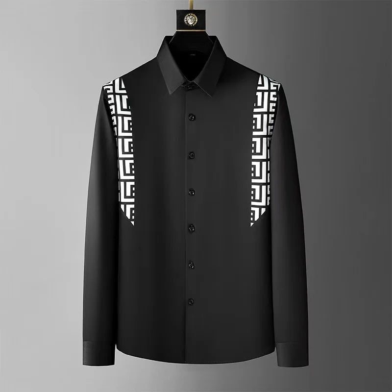 Men's Retro Printed Long Sleeve Spring Printed Collar Shirt Street Simple