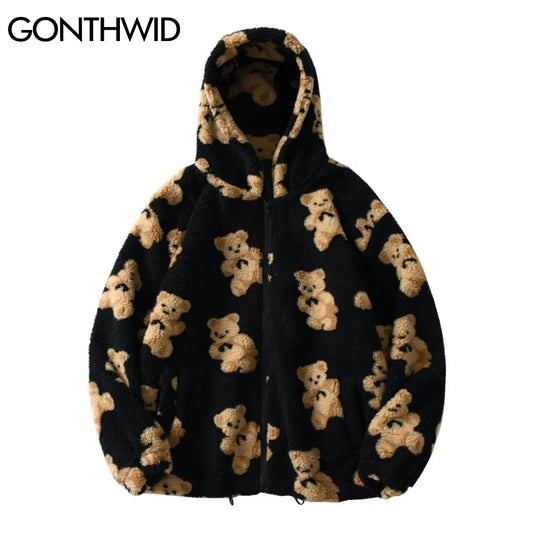 Fleece Hooded Jackets Bear Print Full Zip Hooded Coat