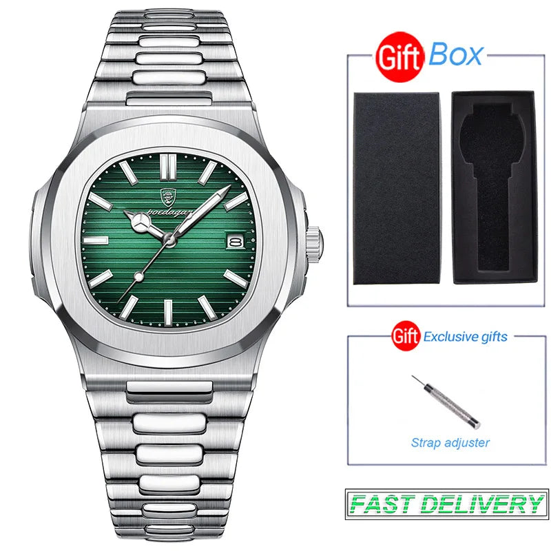 Stainless Steel Men Luxury Luminous Waterproof Square Calendar Quartz Wristwatches