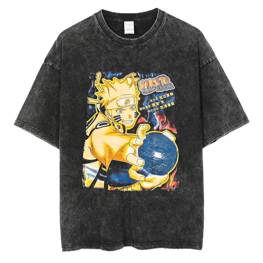 Vintage Men Streetwear Anime Print Short Sleeve Cotton T Shirt