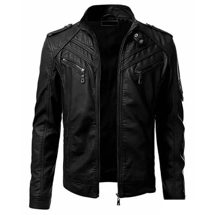 High-end leather coat western solid color handsome stand-up collar jacket