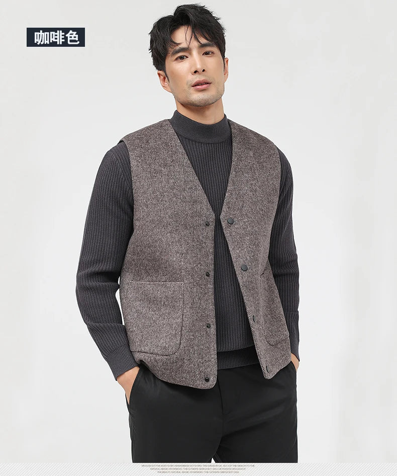 52.3% Sheep Wool Waistcoat Men Trendy Classic V-Neck Single Breasted Vest