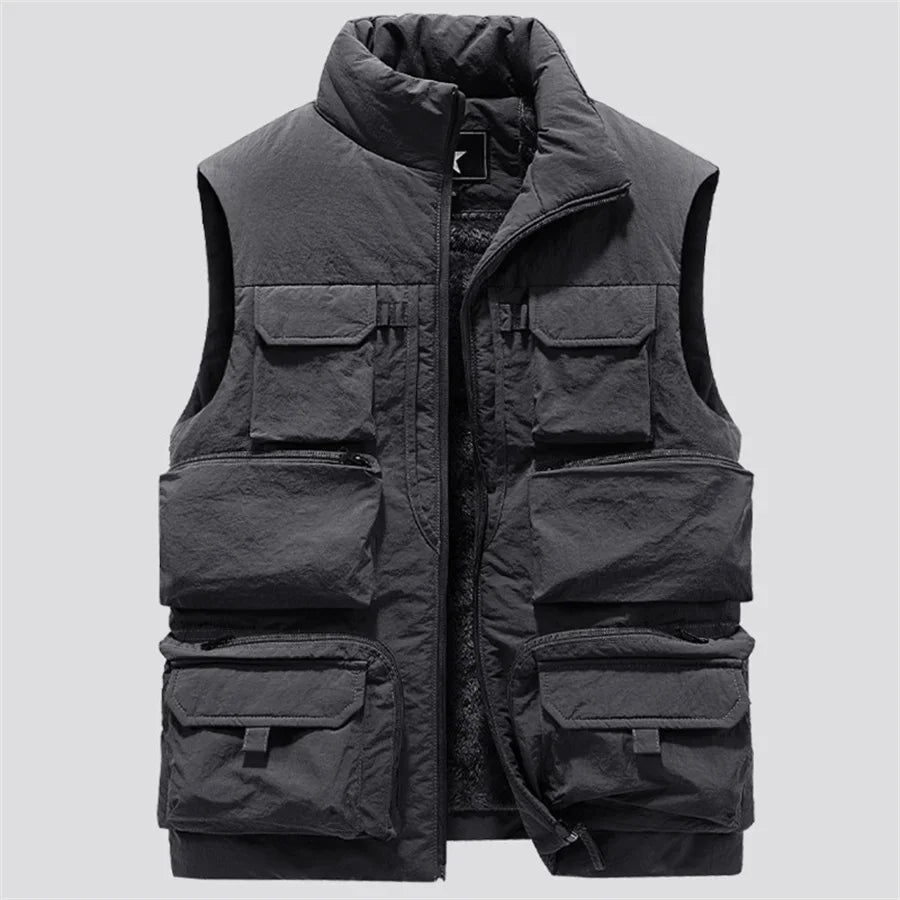 Cargo Vest Thick Fleece Warm Solid Color Tactical Men Waistcoat