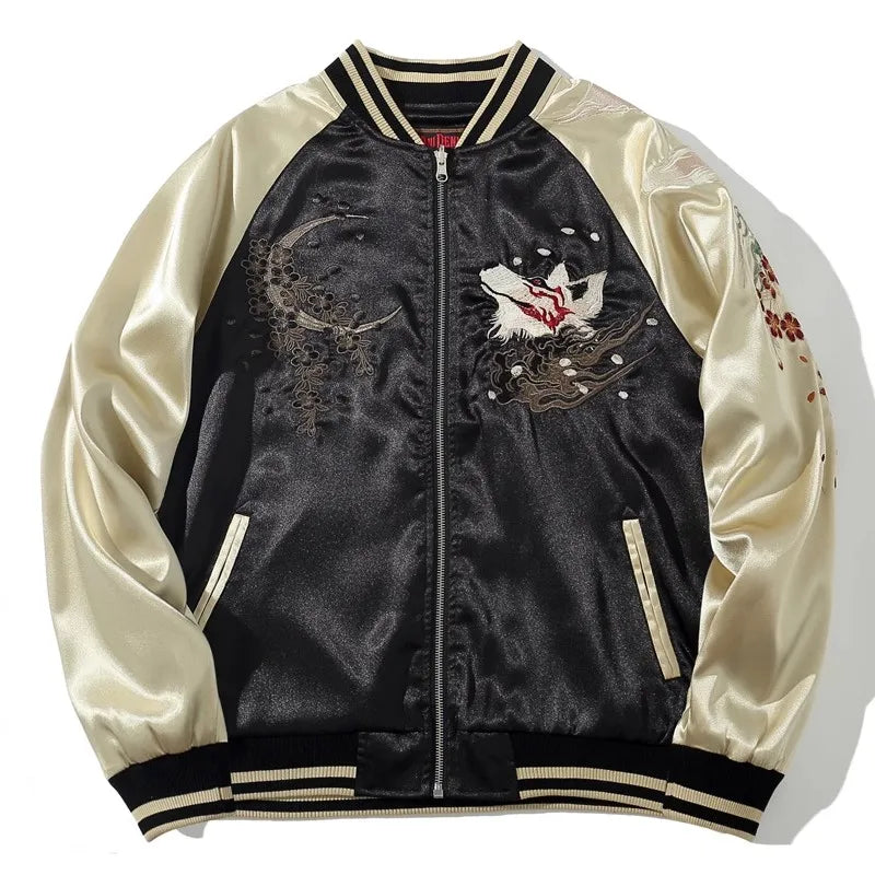 Men Sukajan Jacket Nine Tailed Fox Peony Embroidered Bomber Letterman