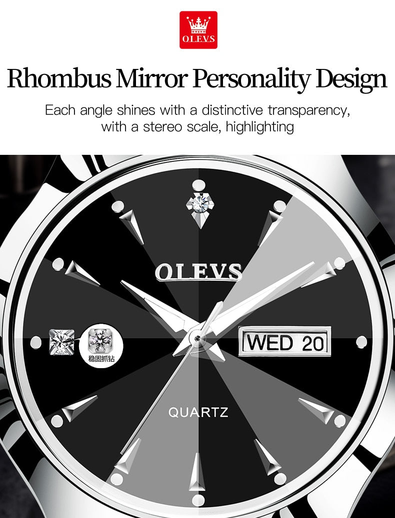 Quartz Watch for Man Rhombus Mirror Waterproof Luminous Stainless Steel