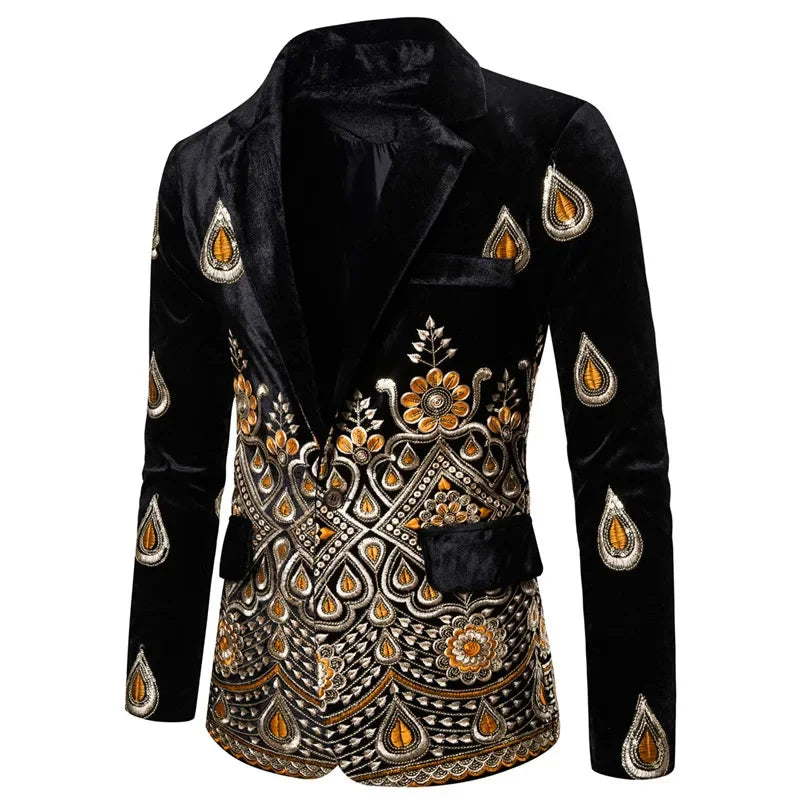 Floral Embroidery Luxury Velvet Formal Slim Fit Single Button Men's Suit Jacket