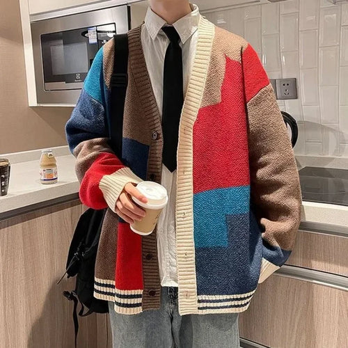 V Neck Cardigan Graphic Hippie Knitted Sweaters for Men Harajuku Fun Large Size