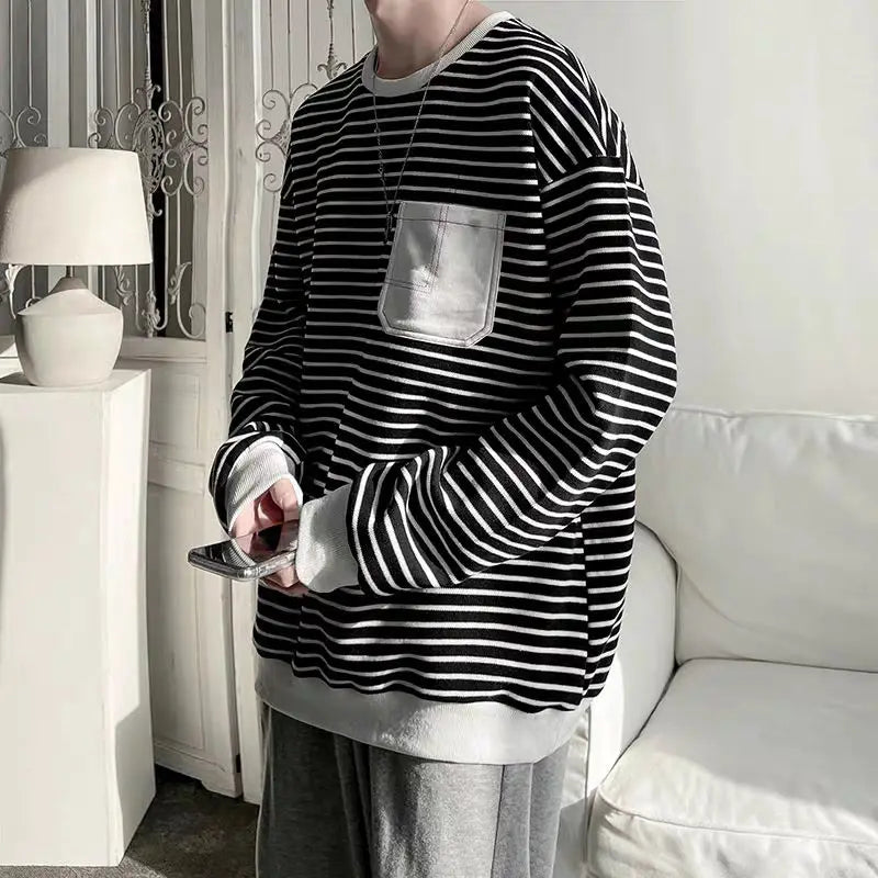 Men Striped Streetwear Oversize T-shirt Japanese Style Long Sleeve Cotton Tops