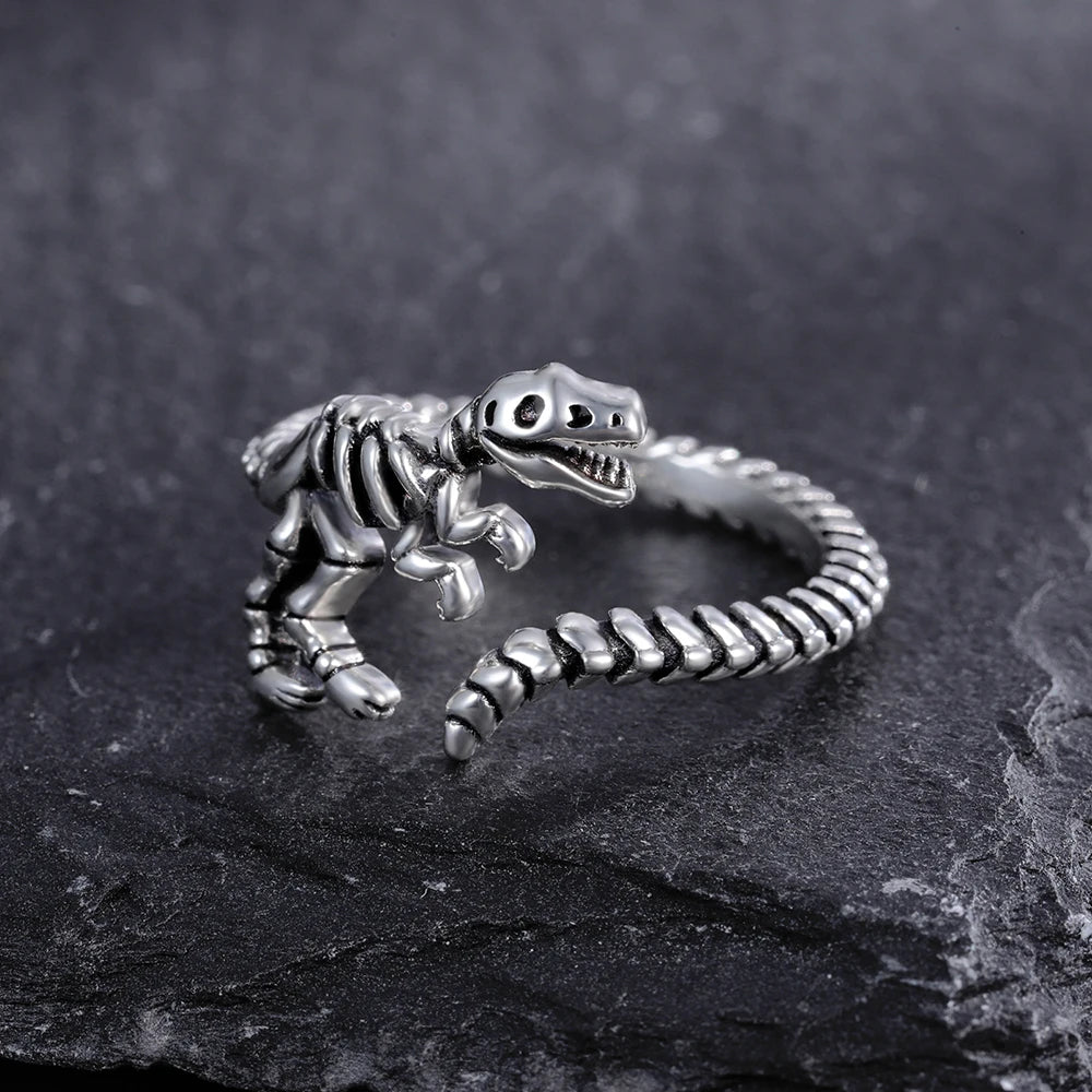 Sterling Silver Dinosaur Skeleton Adjustable Open Skull Vintage Rings Jewelry for Men