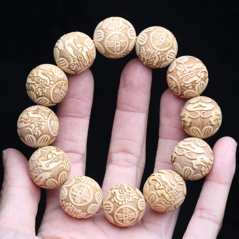 Multicolor Wooden Bracelet Men's 20mm Elastic Bead Lucky Mythical Animal Sculpture