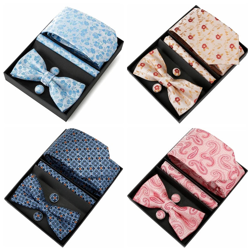 Silk Tie For Men Bowtie Pocket Square Cufflinks Set