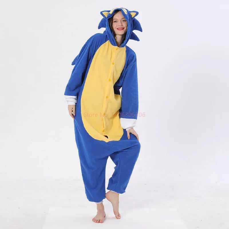 Sonic Cartoon Onesies Pajamas Plush Flannel Adult Kids Sleepwear Warm Costume