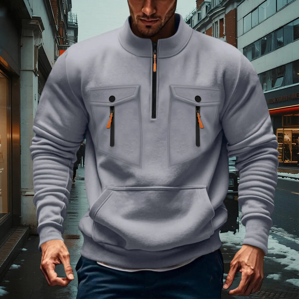 Quarter Zipper Men Stand Up Collar Sweatshirt cargo Long Sleeve Sweatshirt
