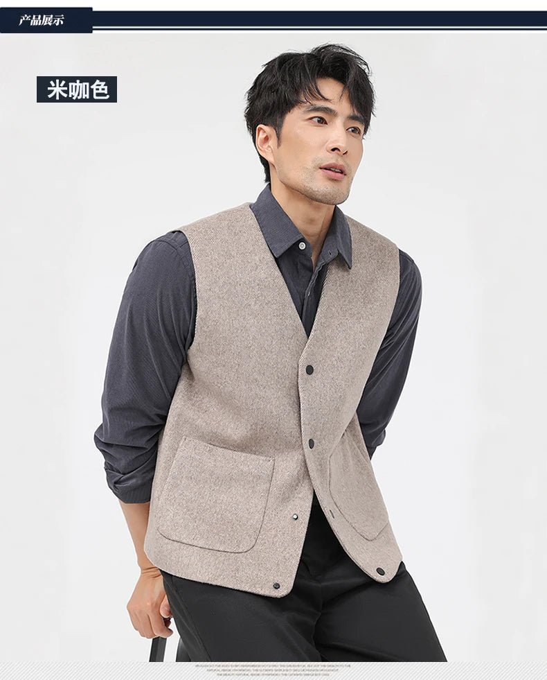 52.3% Sheep Wool Waistcoat Men Trendy Classic V-Neck Single Breasted Vest