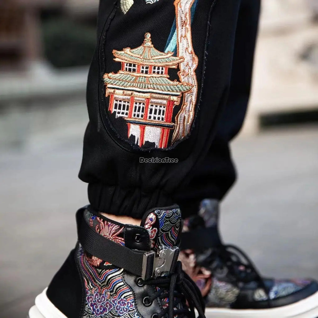 Chinese style men's pants national tide embroidery retro loose pants