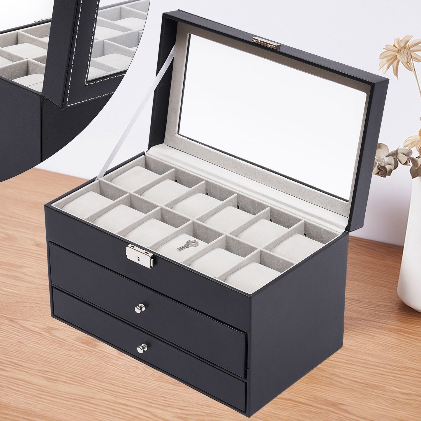 3 Layer Black Leather Box Jewelry Box Organizer Storage