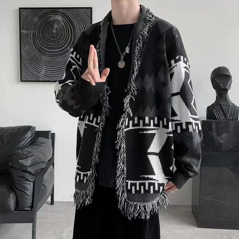 Men's Printed Tassel Knit Cardigan American Vintage HK Style Loose Casual Thin Woolen Sweater