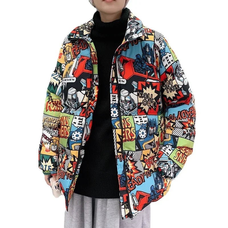 Graffiti Cartoon Print Parkas Streetwear Harajuku Men's Zipper Cotton Padded Jacket