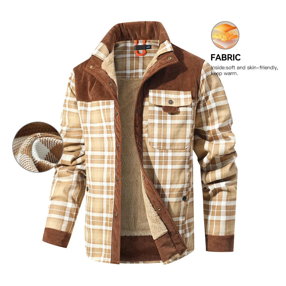 Men's Windproof Casual Bomber Plaid Sherpa Lined Flannel Classic Jacket