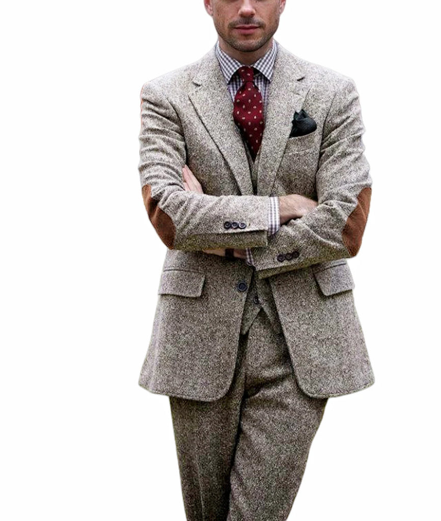 Vintage Tweed Men Suits With Patch Design Smart 1 Piece