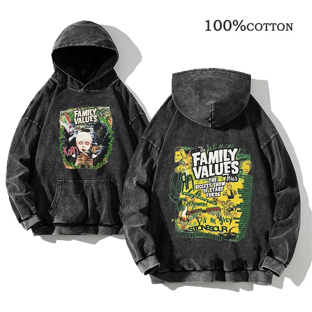 Korn World Tour Hoodies Vintage Washed Men's Sweatshirts Cotton Streetwear Hooded Pullover