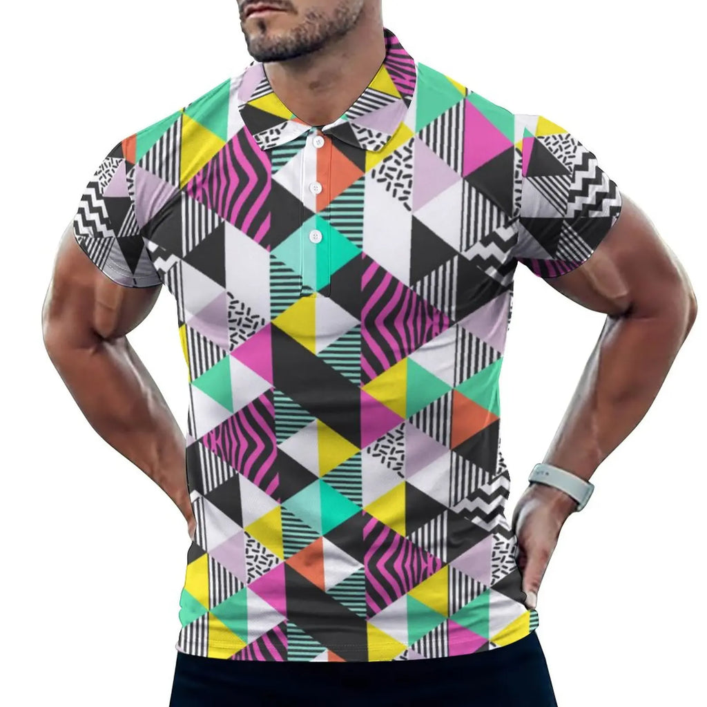 Multi Geometric Print Polo Mondrian Style Streetwear T-Shirts Collar Oversized Clothing