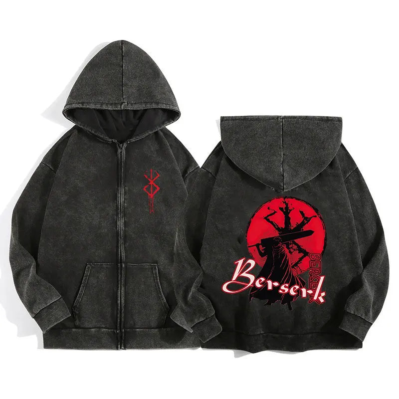 Berserk Wash Zip Up Retro Graphic Hooded Sweatshirt Cotton Unisex Hoodie