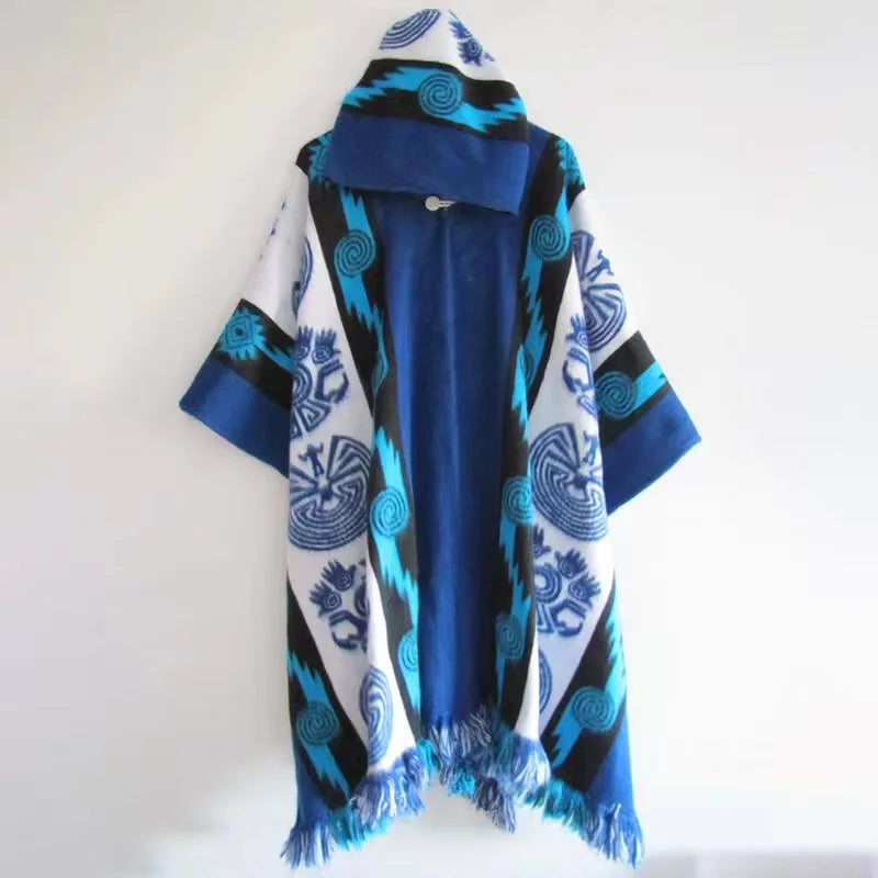 Men's Loose Hooded Printed Cloak Poncho Retro Pullover Jacket