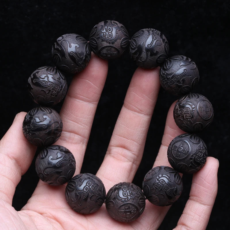 Multicolor Wooden Bracelet Men's 20mm Elastic Bead Lucky Mythical Animal Sculpture