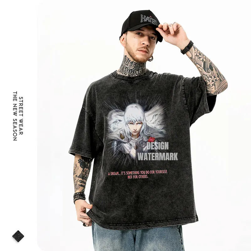 Berserk T-shirts Oversized Vintage Washed Short Sleeve Retro Manga Tops